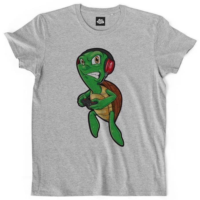 TEETOWN - T SHIRT HOMME - Gamer Turtle - Fortnite Rage Jeux vidéo Multiplayer Cod Online - COTON BIO - Gris Chiné