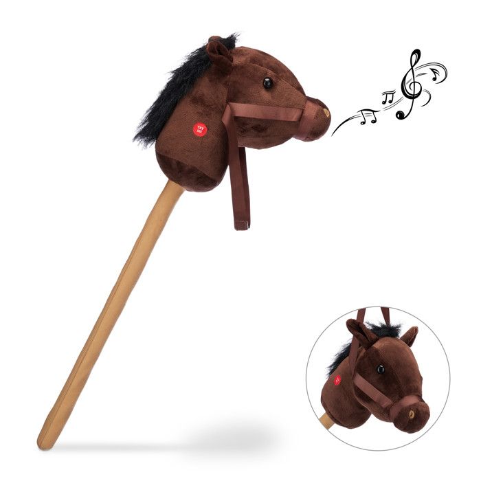 Relaxdays Cheval à bâton enfants, effet sonore hennissements, bruits de sabots, jouet en bois, peluche jeu, 67 cm, brun -