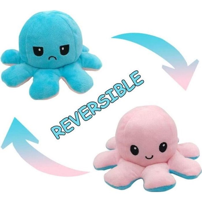 Poupée Mignonne Poulpe Double Face Flip Octopus en Peluche, poupée d'animaux en Peluche réversible Douce Poulpe (Light Blue+pink