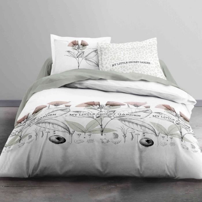 TODAY Parure de couette Enjoy SECRET GARDEN 100% coton - 220 x 240 cm - Gris et blanc