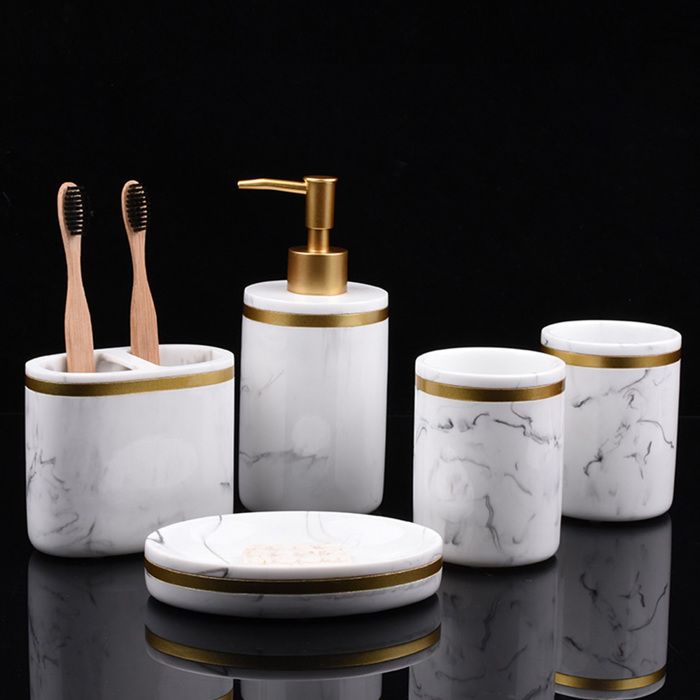 Set Salle De Bain 5 Pièces SPORWAY - Distributeur Savon, Gobelets, Porte-Savon, Plateau - Noir Élégant