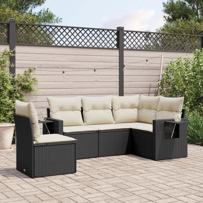 vidaXL Salon de Jardin avec Coussins 5 pcs Canapés de Terrasse Ensemble de Meubles de Patio Mobilier dExtérieur Noir 3252503
