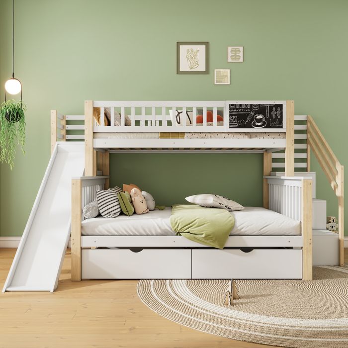 Lit superposé pour enfants 140*200+90*200 lit mezzanine escalier et armoire de rangement lit double toboggan et barre de sécurité