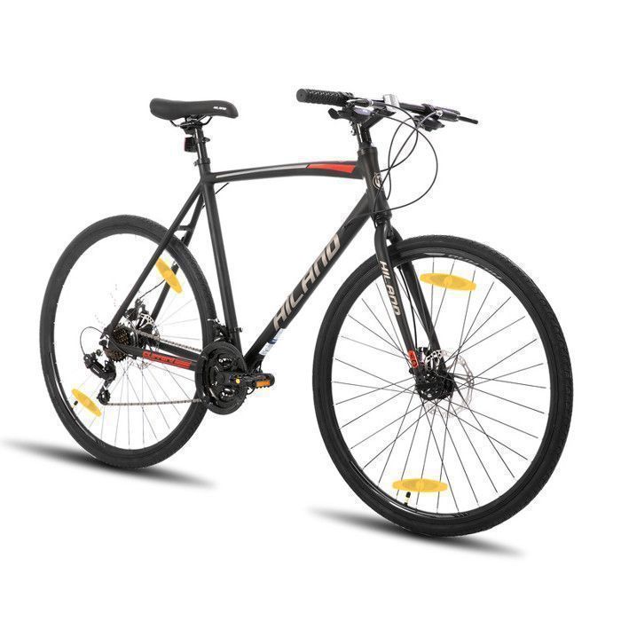 Hiland Vélo de route 28 21 Speed vélo de ville avec freins à disque pour hommes et femmes，Cadre léger en alliage daluminium，Noir