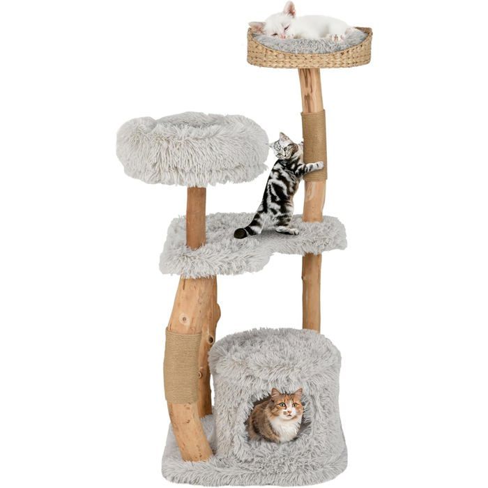 Meilleurs prix pour GOPLUS Arbre à Chat à 5 Niveaux en Bois Massif 48 x 48 x 124 CM avec Plateforme 2 Griffoirs en Jute Gris