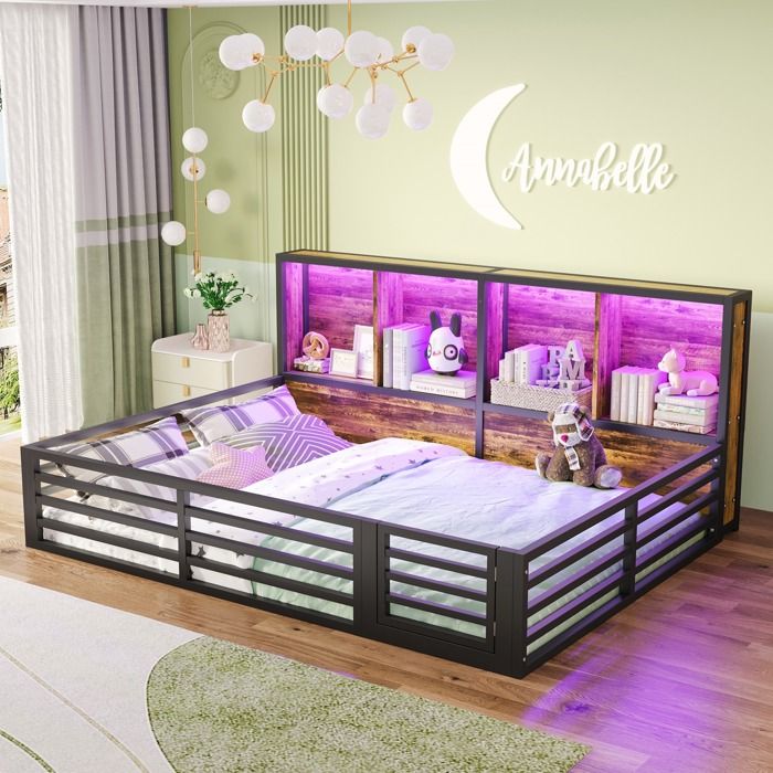 Lit double enfant 140 x 200 cm Lit adulte en fer avec rangement bande LED barrière et sommier à lattes - noir