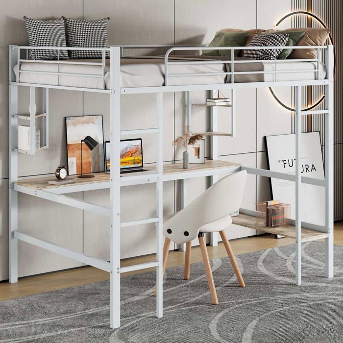 Lit Mezzanine 1 PlaceLit EnfantLit Mezzanine Adulte 90x200cmLit Adolescent avec Bureau et étagèresBlanc