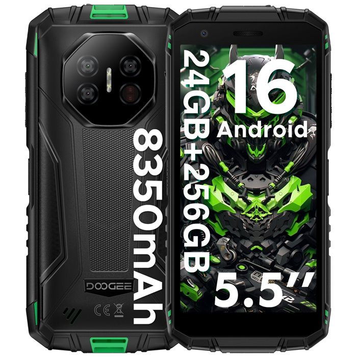 Smartphone Incassable DOOGEE Fire 3 Ultra - 24Go+256Go - 8350mAh 5.5” HD+ Telephone Incassable Android 16 - 16MP+8MP - NFC- Vert