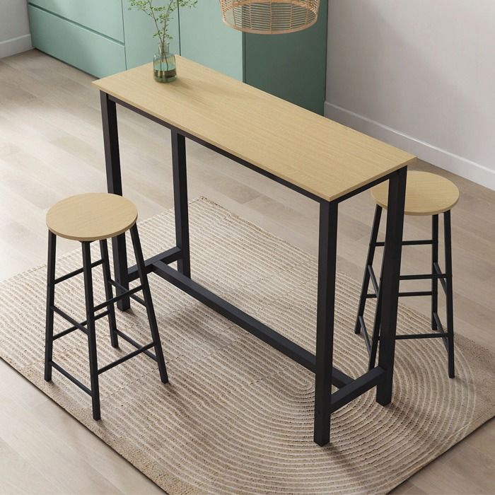 Table haute de bar avec deux tabourets 120x100x40 cm Couleur Noir et Sonoma Table de cuisine pour 2 personnes Modèle Ani Table haute de bar avec deux tabourets 120x100x40 cm Couleur Noir et Sonoma Table de cuisine pour 2 personnes Modèle Ani