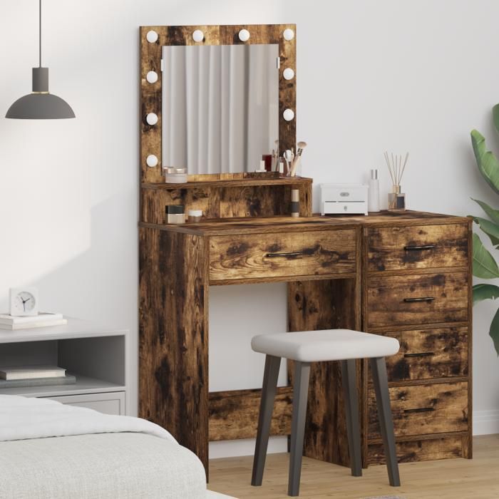 Coiffeuse - Chêne fumé - 50x41x135 cm - Miroir intégré - Éclairage LED réglable