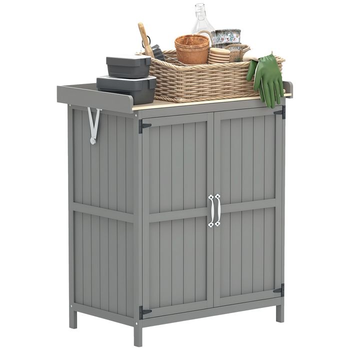 Armoire de jardin - Outsunny - 2 portes toit à charnières et étagère - dessus acier inoxydable - bois - 74 x 43 x 88 cm - gris