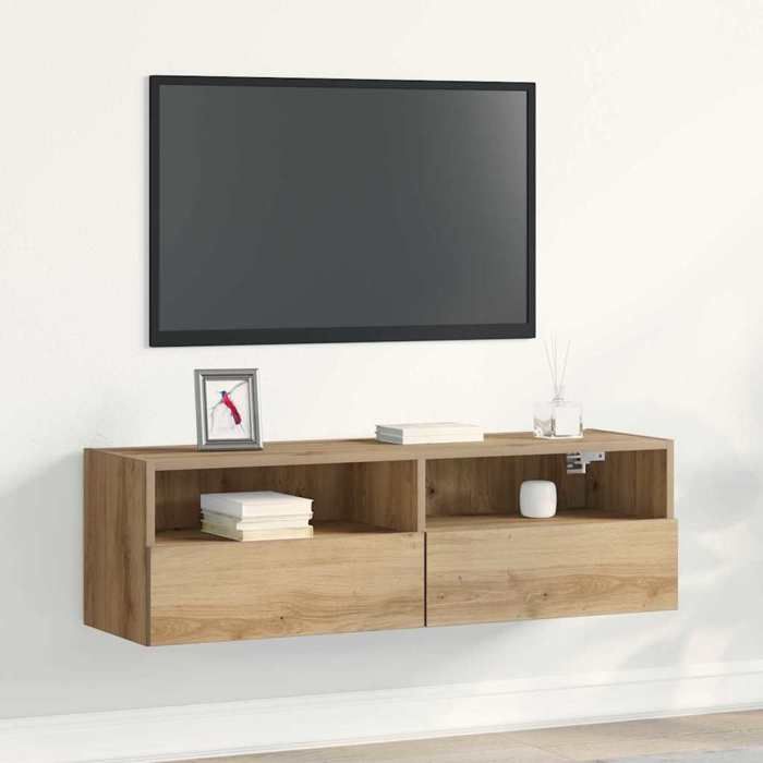 ESTINK® Armoire TV suspendue - Support TV Mural -en chêne artisanal 100x30x30 cm - en bois dingénierie @3273
