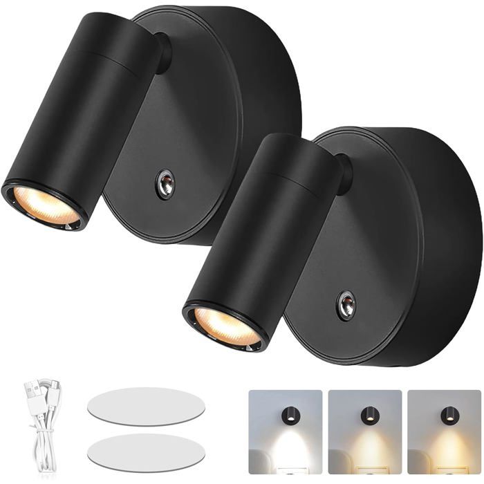 Applique Murale LED Orientable 2pcs Interrupteur Dimmable 3 Couleurs Lecture Chambre Camping