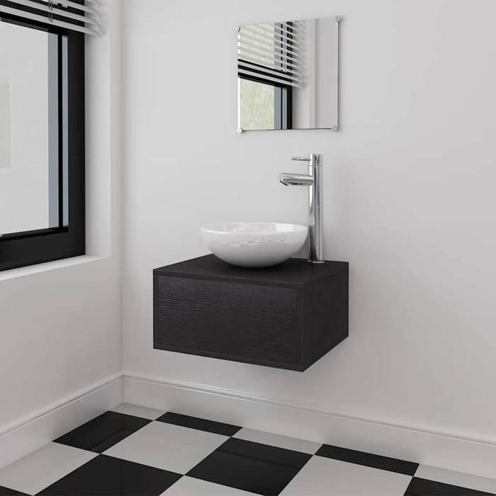SALE 2026 Meuble de lavabo de salle de bain Noir - Meuble de salle de bain 4 pcs avec lavabo et robinet Noir PRO980542689