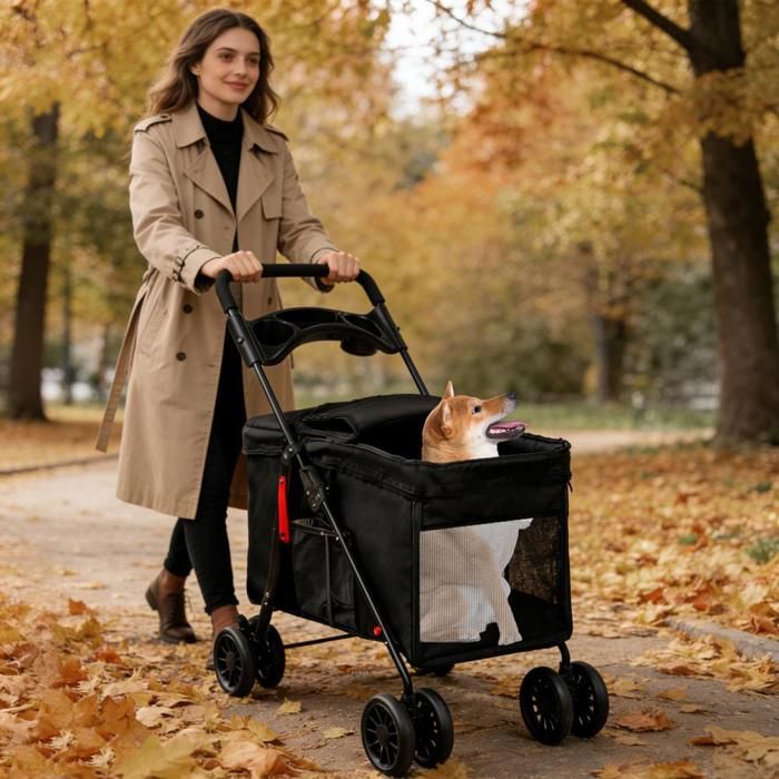 SUPFINE Poussette pour Animaux 49×75×95cm Poussette pour Chien/ Chat Capacité de charge 15 kg avec Fenêtre en Maille Noir
