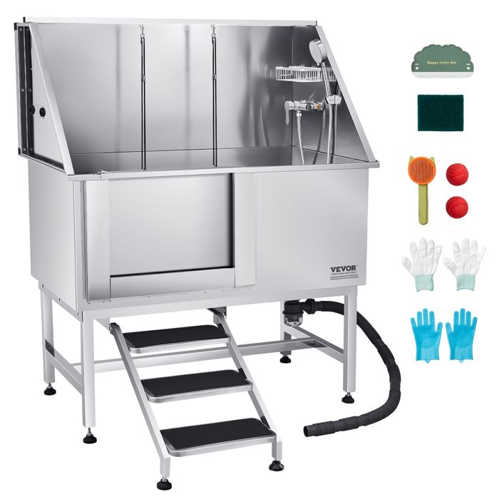 Baignoire de Chien Acier Inoxydable-VEVOR-Baignoire de Toilettage pour Animaux de Compagnie 127 cm-avec Escalier-Porte Gauche
