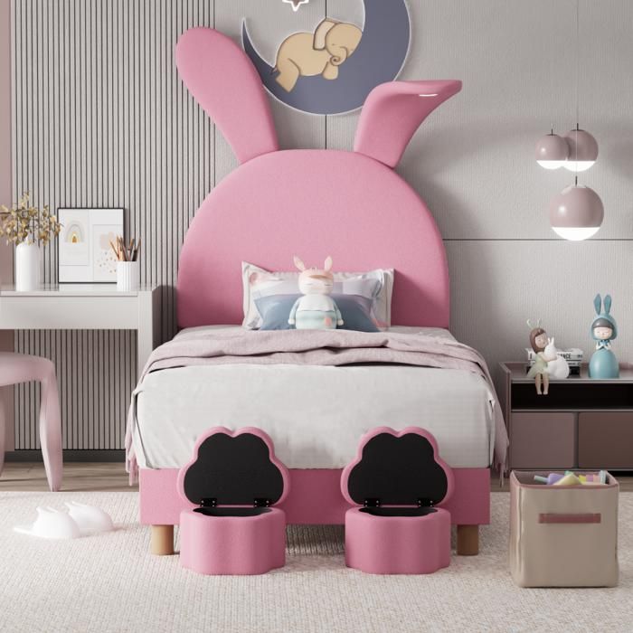 Lit capitonné 90x200 velours rose avec LED sommier à lattes 2 tabourets de rangement — sans matelas