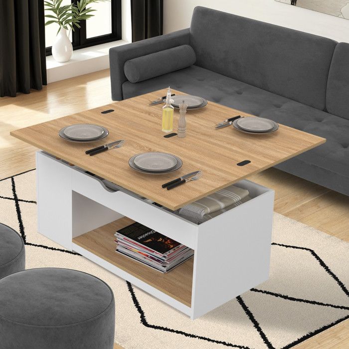 IDMARKET Table basse plateau relevable rectangulaire convertible en table à manger ELEA 100 cm bois blanc et façon hêtre IDMARKET Table basse plateau relevable rectangulaire convertible en table à manger ELEA 100 cm bois blanc et façon hêtre