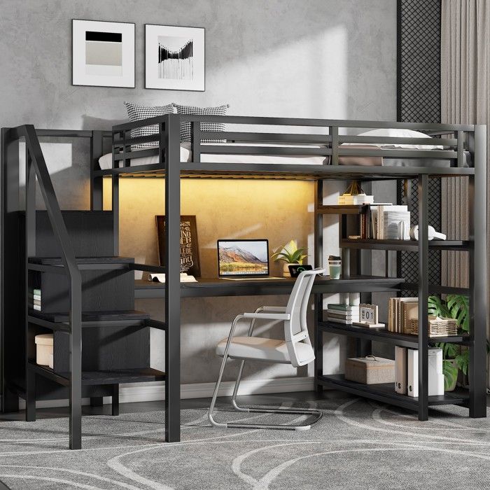 Lit mezzanine double noir 140×200 cm avec bureau armoire ouverte escalier de rangement LED sans matelas