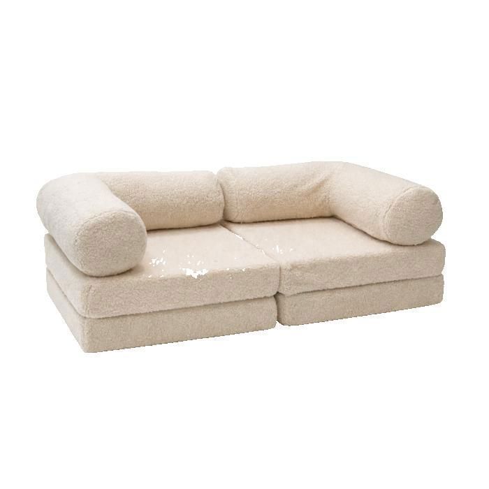 Canapé enfant modulable en tissu peluche beige – sofa ultra moelleux enfant