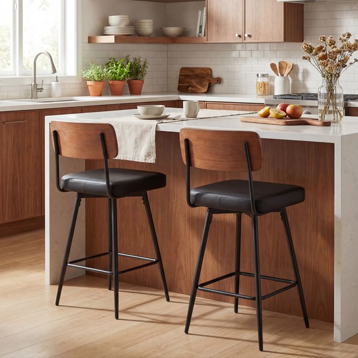 GIANTEX Tabourets de Bar- Lot de 2 Chaises de Bar Rembourrées- Siège Pivotant- Pieds en Métal- Charge 150kg- Salon Cuisine- Noir