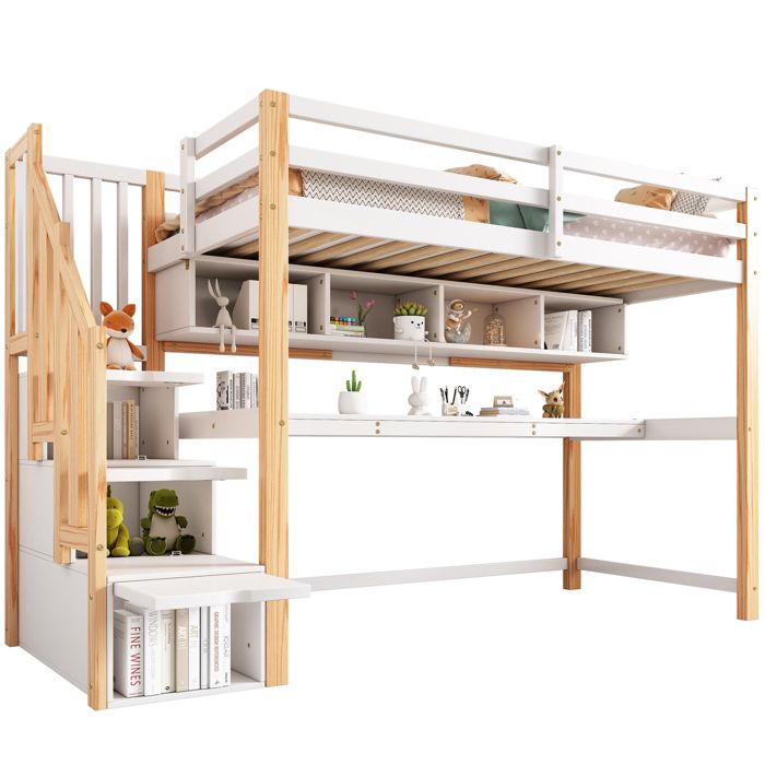 Kinderhochbett avec grand bureau et étagères peintures écologiques naturel et blanc