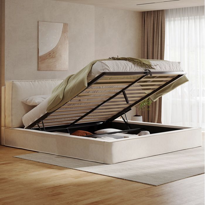 lit coffre 160 x 200 cm SENVIRO avec tete de lit en velours gris liseuse et port USB