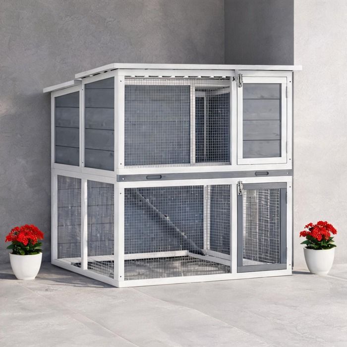 Clapier en bois de sapin deux étages avec enclos intégré toit ouvrant et bac amovible classic gray pour lapins et petits animaux