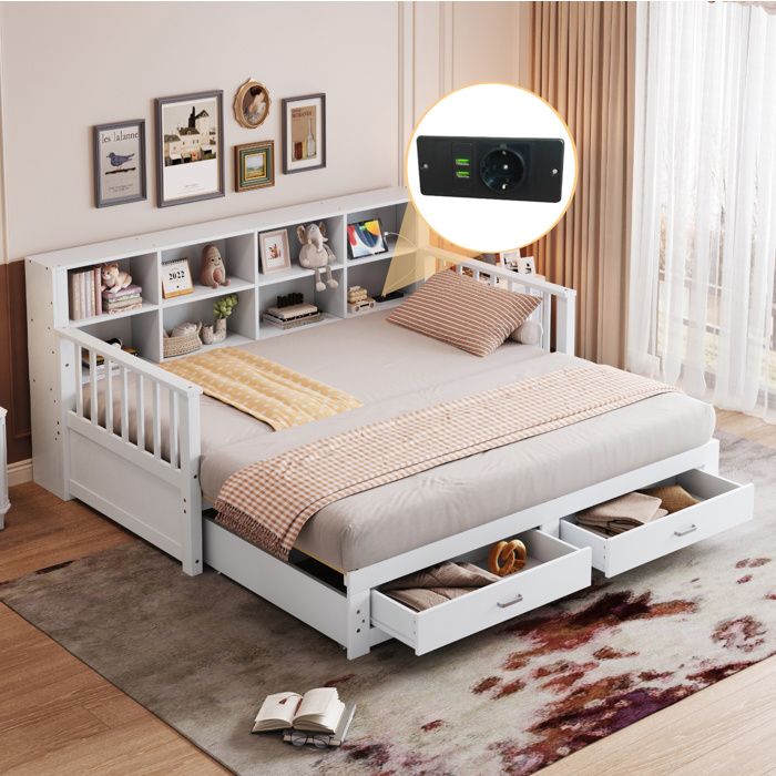 Lit combiné simple 90×190 cm et 180×190 cm 2 tiroirs et prise - YEAVIO - sans matelas bois blanc