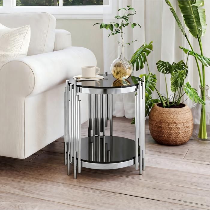 VUENOR table basse ronde 45 cm noir et argent en verre trempé - 2 niveaux