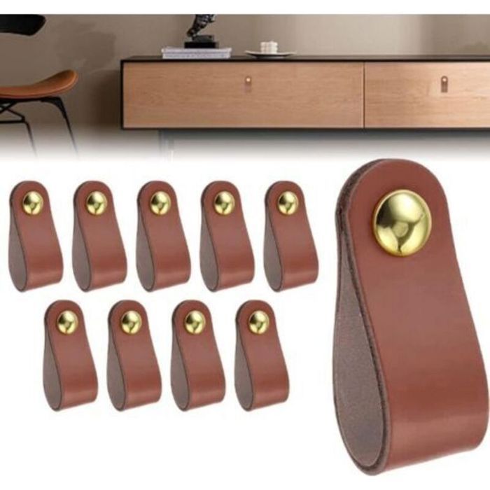 10pcs Poignée en cuir pour meuble - Cuir artificiel Installation facile - Armoire cuisine tiroir - Dimensions 14x2 5cm