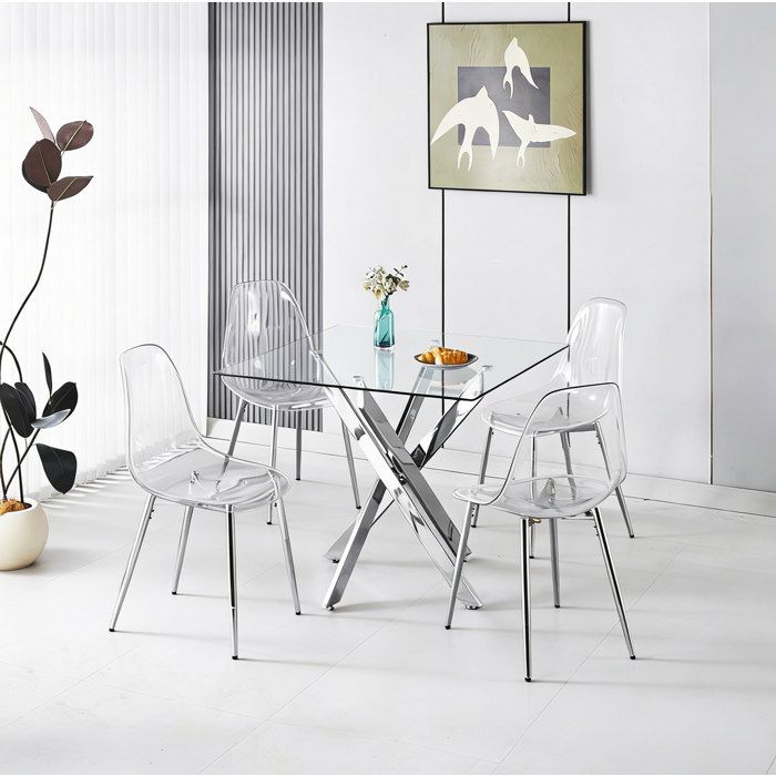 Table repas 5 pièces en verre avec 4 chaises transparentes structure métallique chromée style moderne JOINERY