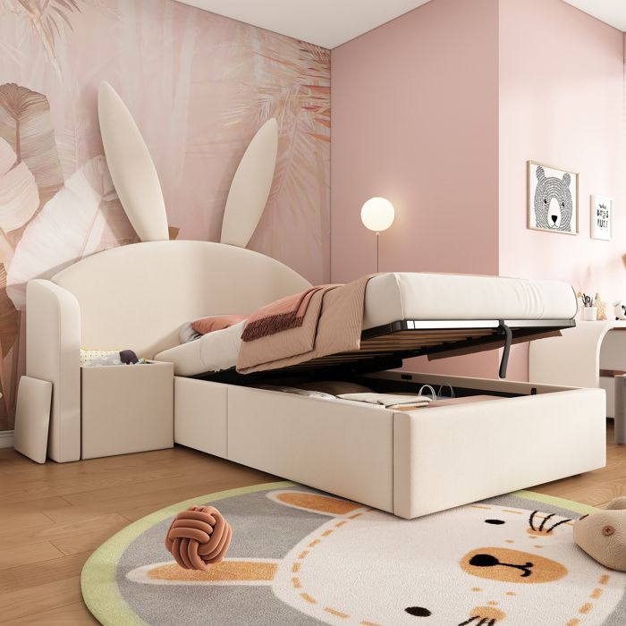 URTR Lit fille 90x190 cm capitonné avec rangement et table de chevet oreilles de lapin velours sans matelas adorable blanc
