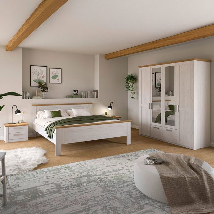 Ensemble 4 éléments pour chambre décor blanc et naturel - VERONICE