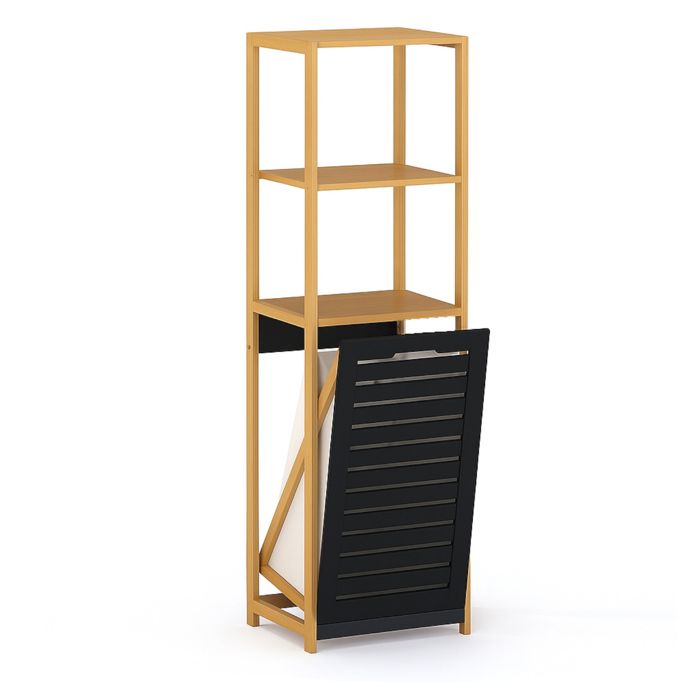 Étagère de salle de bain en bambou avec panier à linge inclinable noire 3 étagères étroites 130 x 36 x 33 cm begryf