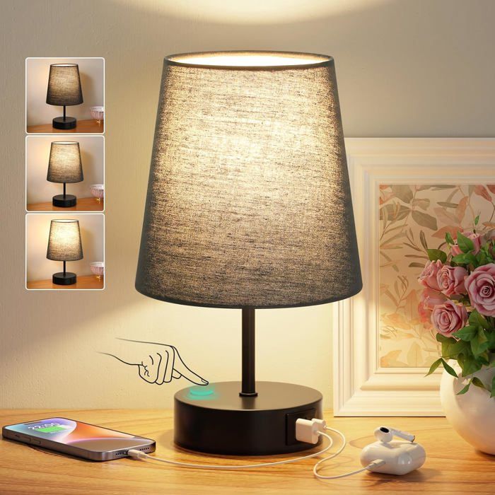 Lampe chevet tactile dimmable USB-C et USB-A 3 niveaux luminosité abat-jour et base noirs ampoule LED E27 3000K incluse