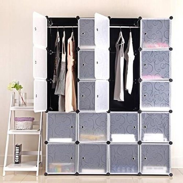Armoire Penderie Modulable YYIS - Motif Fleur Bouclé - Gris - 20 Cubes - 147x37x183cm