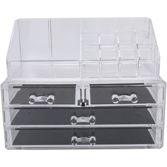Organisateur Maquillage Avec Miroir - 2 Tiroirs Et 4 Compartiments - Rangement Cosmétiques Et Bijoux - 40x14cm