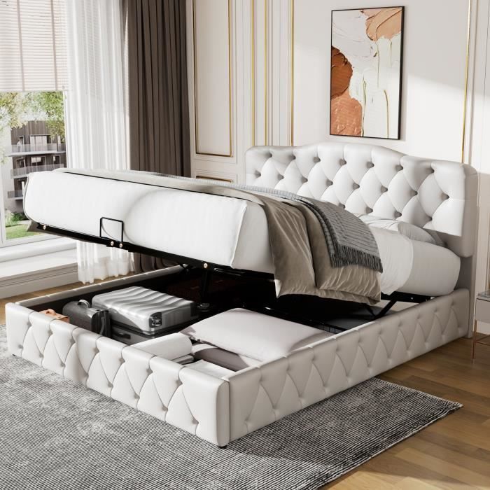 lit double 140x200 cm, lit capitonné avec tête de lit réglable en hauteur, lit coffre avec fonction hydraulique, pu, blanc