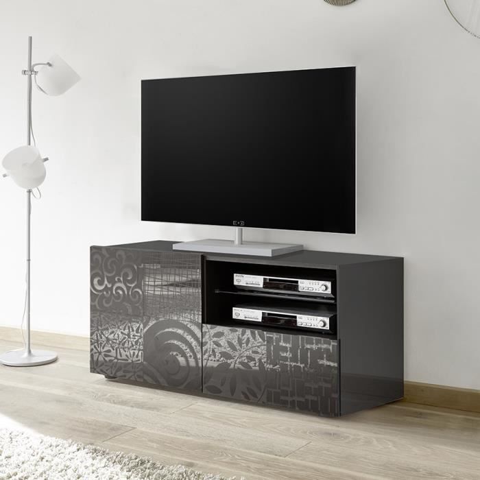 Petit Meuble Tv 120 Cm Gris Laque Design Elma 2 Avec Eclairage