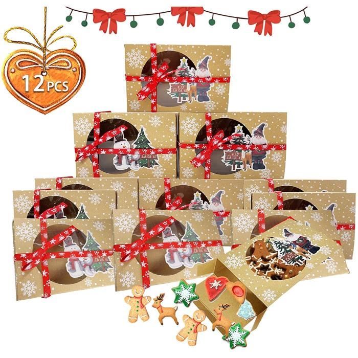 Lot de 24 boîtes à biscuits de Noël en papier kraft avec fenêtre brownies marron donuts et cookies 3 motifs pour pâtisseries cupcakes cadeaux 