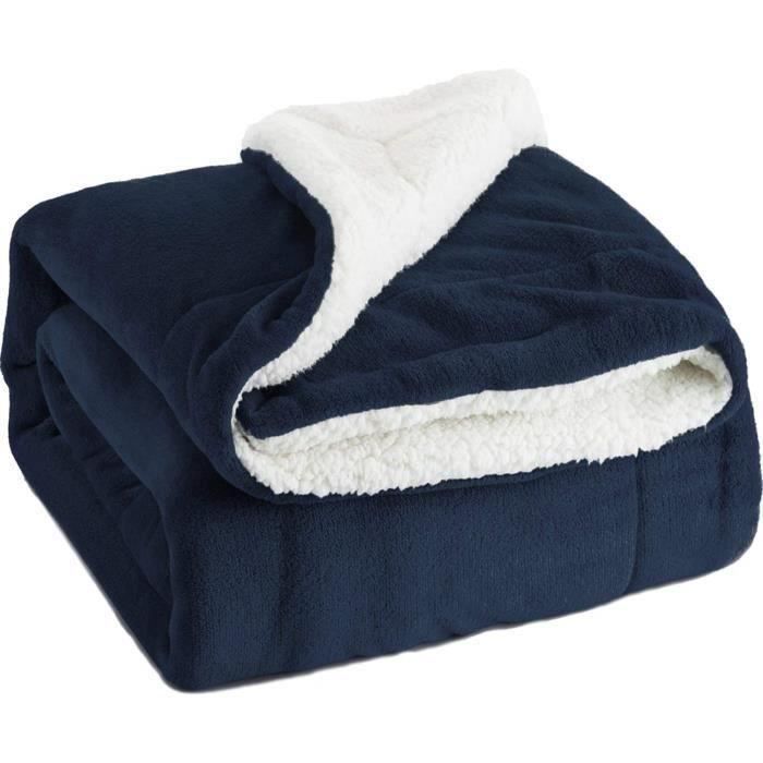 TH Couverture Polaire Sherpa Bleu Marin 130x160cm - Couverture de Lit Double Face Douce et Chaude Plaid Jeté de Canapé Flanelle