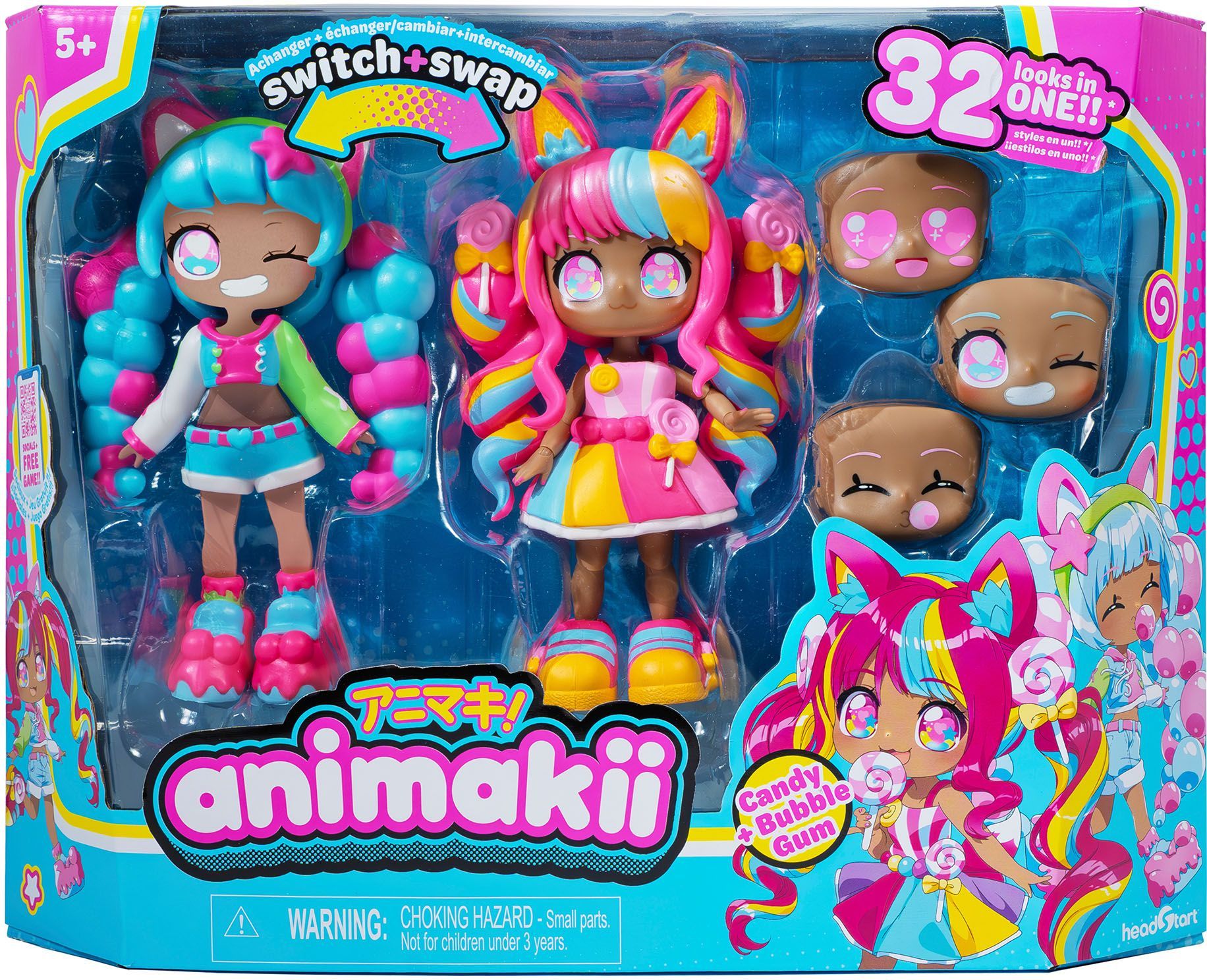 Bandai Animakii Lollipop et Bubblegum Coffret Poupée Personnalisable 1 Poupée 4 Visages 2 Coiffures 2 Tenues 2 Paires de Chaussures Jouet Créatif et + HEA26351