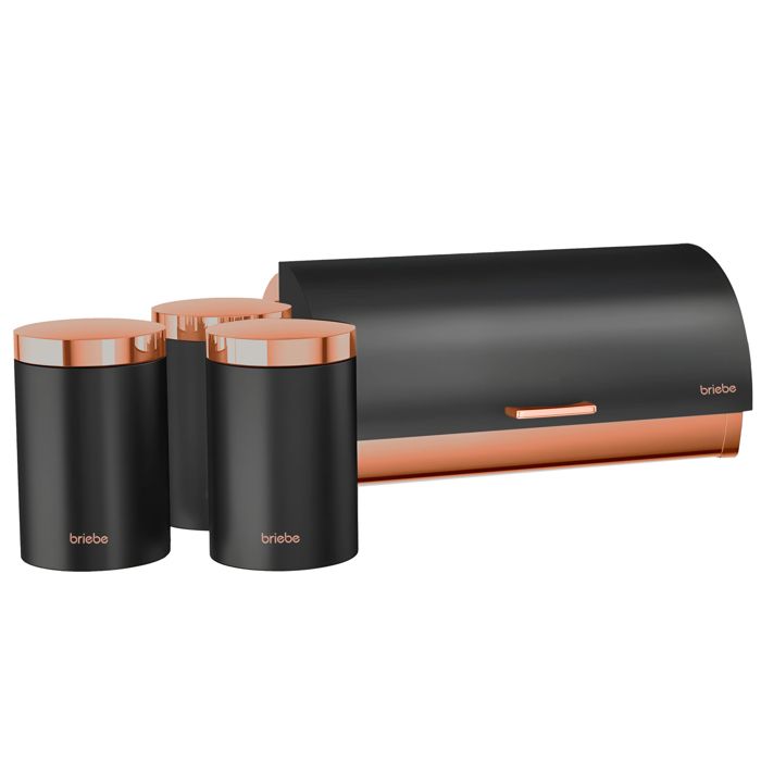 Ensemble Boîte à Pain + 3 Boîtes de Cuisine Rangement Acier Inoxydable Briebe BB1161 Noir Mat/Or Rose