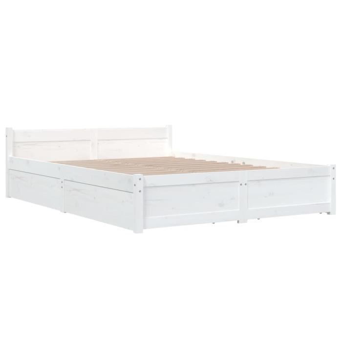 Cadre de lit avec tiroirs - FAFEICY - Blanc 140x190 cm - Bois de pin massif - Rangement pratique