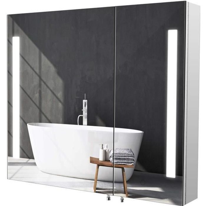 homfa armoire de salle de bains miroir murale avec eclairage led integre interrupteur tactile capteur en acier inoxydable 76x66x13cm cdiscount maison