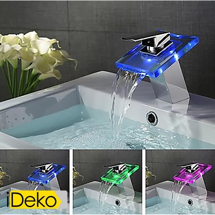 Mitigeur lavabo LED IDEKO - Monotrou - Pivotant - Laiton chromé - Couleurs Bleu, Vert, Rouge