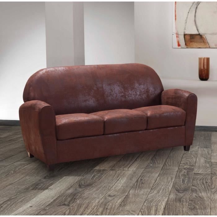 Canape Fixe Club Bufallo 3 Places En Microfibre Vintage Marron