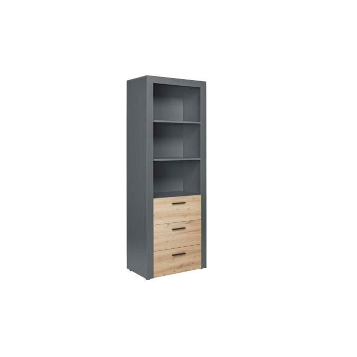 armoire de rangement - interlink - corva - 3 tiroirs - gris anthracite - aspect bois
