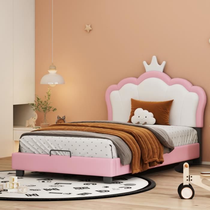 misnode lit rembourré pour enfants 90×200 cm, avec sommier à lattes et dossier, lit de fille mignonne en coquille de couronne
